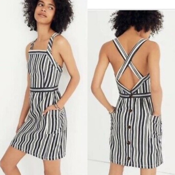 Madewell Apron Mini Dress in Evelyn Stripe linen cotton blend cross back pockets - Picture 1 of 11